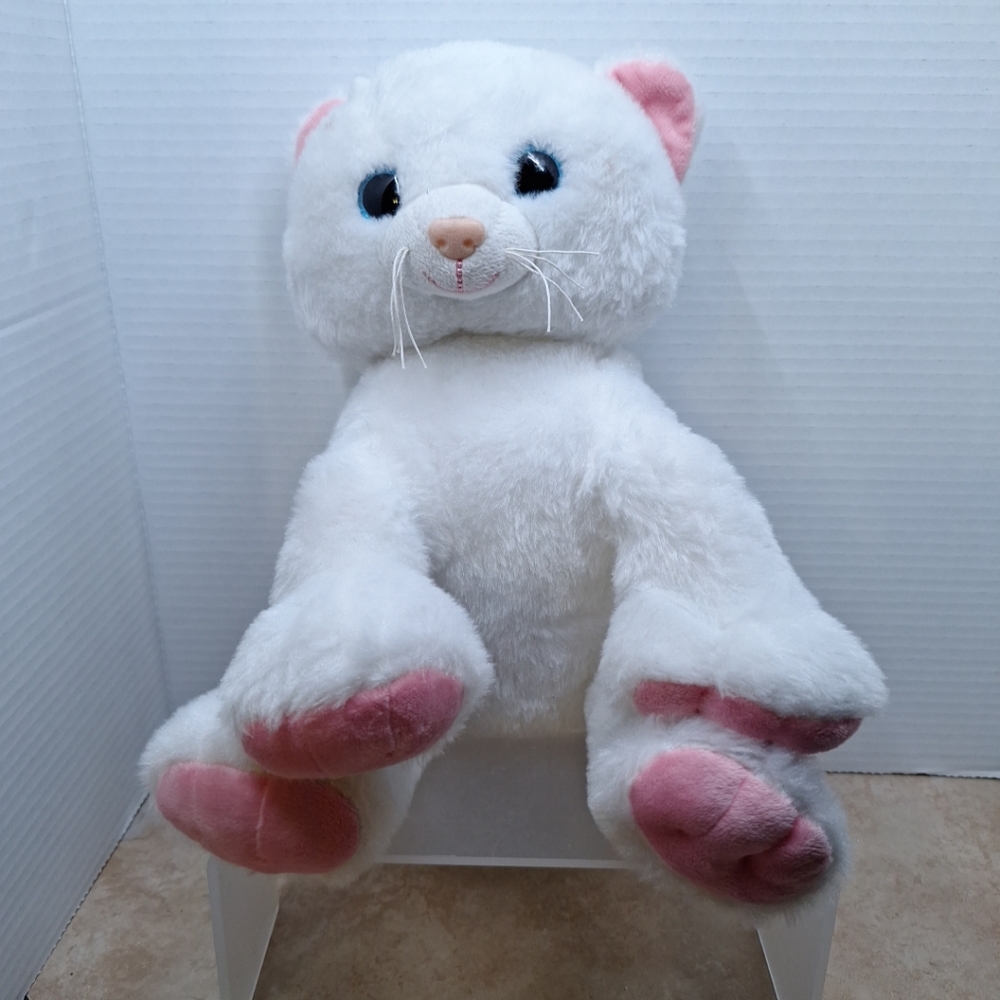 The Bear Factory White Kitty Cat Plush Blue Stuffed Animal EUC Sitting 10"